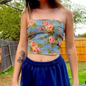Floral tube tie top , hand made recycled material